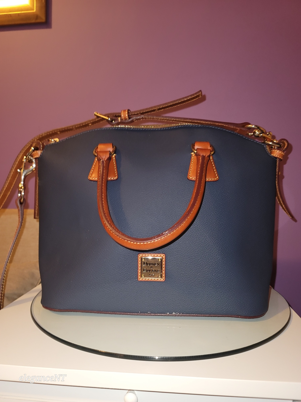 Dooney & Bourke Navy Kirby Domed Satchel Leather with Tan Trim - Picture 9 of 17